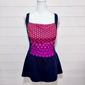Beach Party‎ Skirted One Piece Swimsuit Womens Size 14 Navy Blue Pink Purple